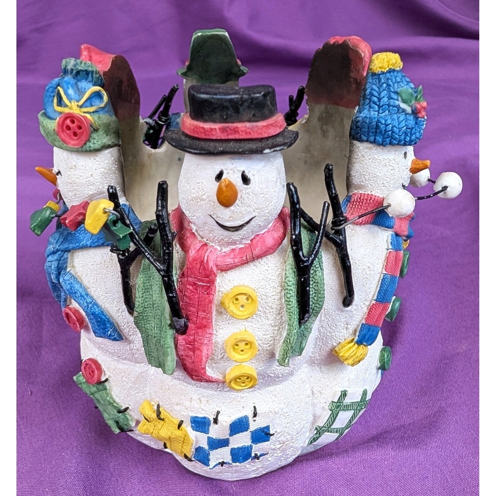 Snowy Folks 1998 Vintage Ceramic Snowmen Votive Pillar Candle Holder 4" Avon